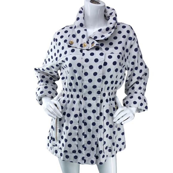 Tyler Boe Womens Size S Jacket Blue Polka Dot Linen Blend Lined Hidden Hood - Picture 1 of 16